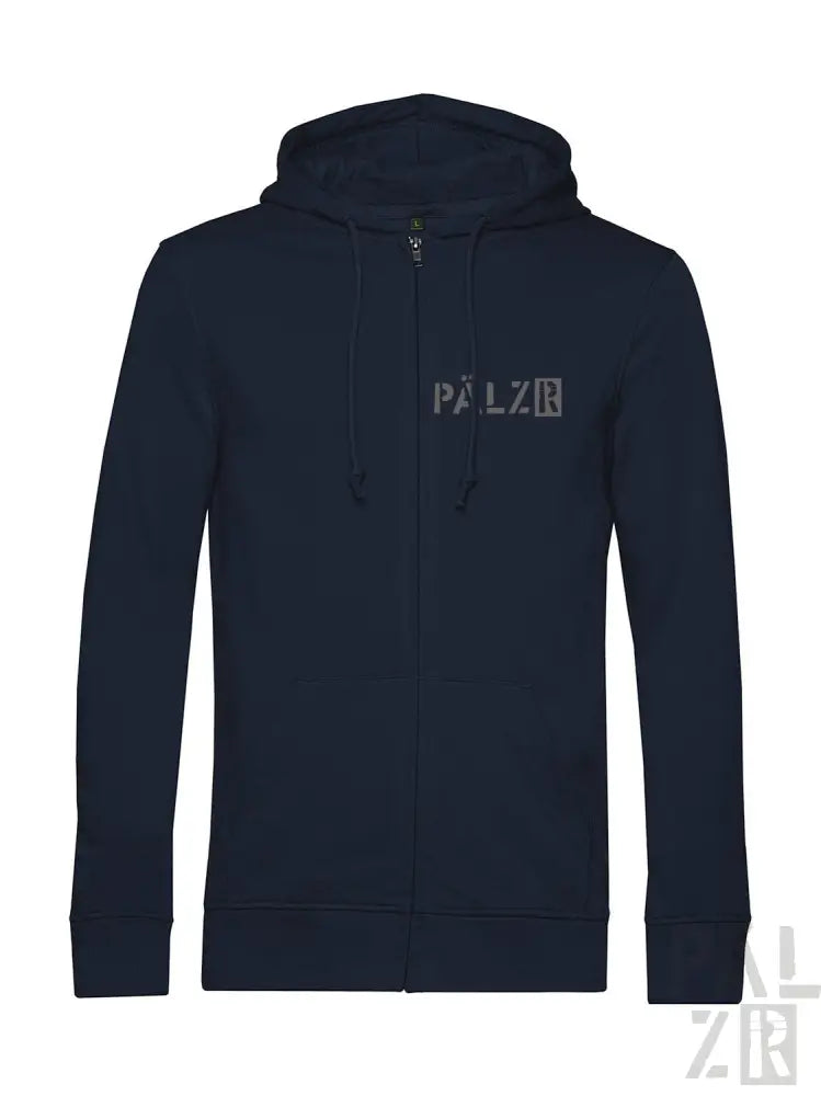 Marineblaue Kapuzenjacke mit Reißverschluss und ’palz’-Logo auf der Vorderseite.