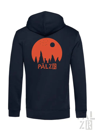 Marineblaue Kapuzenjacke mit orangefarbenem Mond- und Bäume-Design, ’palzr’-Logo.