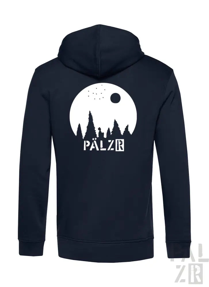 Marineblaue Kapuzenjacke mit Reißverschluss und weißem Mond- und Waldmuster, ’palzr’-Logo.