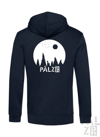 Marineblaue Kapuzenjacke mit Reißverschluss und weißem Mond- und Waldmuster, ’palzr’-Logo.