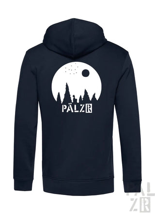 Marineblaue Kapuzenjacke mit Reißverschluss und weißem Mond- und Waldmuster, ’palzr’-Logo.