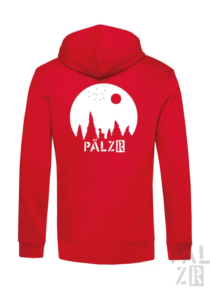 Roter Hoodie mit weißem Wald-Design und Text „pälzr“ auf der Vorderseite.