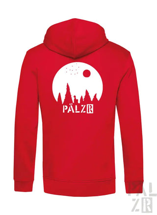 Roter Hoodie mit weißem Wald-Design und Text „pälzr“ auf der Vorderseite.