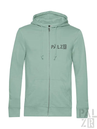 Minzgrüner Kapuzenpullover mit Reißverschluss und „palzr“-Logo auf der Vorderseite.