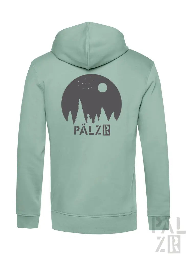 Minzgrüner Hoodie mit Wald-Design und ‚pálzr‘-Logo.