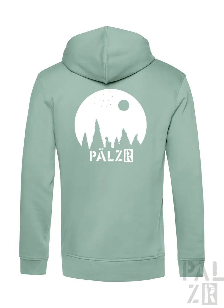 Minzgrüner Hoodie mit weißem Silhouettendesign eines Waldes und ’palzr’ Branding.