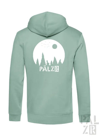 Minzgrüner Hoodie mit weißem Silhouettendesign eines Waldes und ’palzr’ Branding.