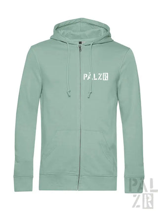 Minzgrüner Reißverschluss-Hoodie mit ’palzr’-Logo auf der Vorderseite.