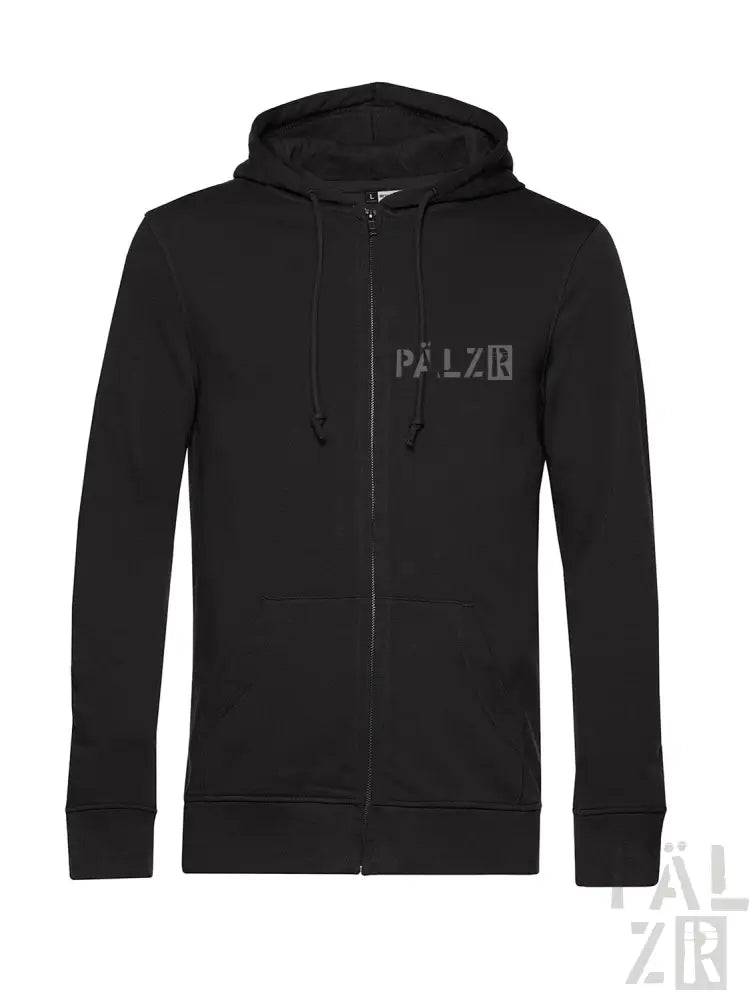 Schwarze Kapuzenjacke mit Reißverschluss und ’palzr’-Logo auf der Vorderseite.