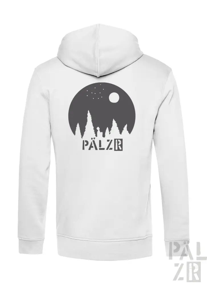 Weiße Kapuzenjacke mit Reißverschluss, schwarzem Mond- und Baum-Design, ‚pálzr‘-Logo.