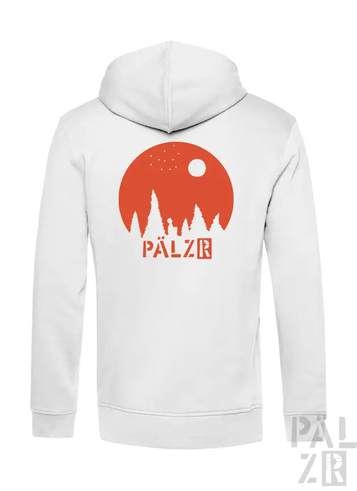 Weiße Kapuzenjacke mit Reißverschluss und rot-orangem Grafikdesign mit Bäumen, Mond, Sternen und dem Wort ’palzr’ in fetten Buchstaben.