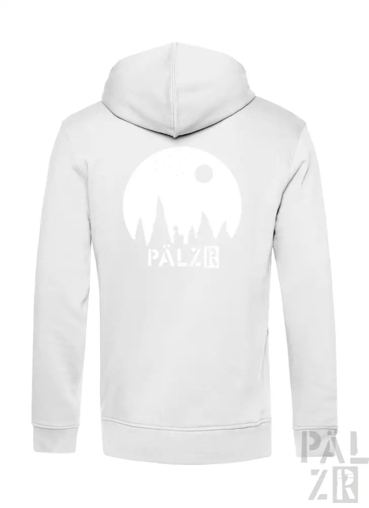 Weiße Hoodie mit ’palzio’-Logo und Bergdesign auf der Vorderseite, aus Baumwolle gefertigt.