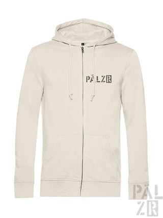 Creme-Farndown-Jacke mit ’palzr’-Logo auf der Vorderseite und Kapuzenfutter.