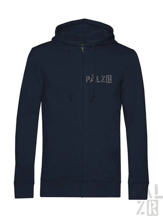 Marineblaue Kapuzenjacke mit Reißverschluss und ’palz’-Logo auf der Vorderseite.