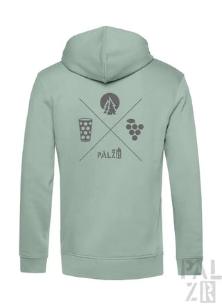 Minzgrüner Hoodie mit Bierglas- und Trauben-Design, Pälzö-Logo auf dem Rücken.
