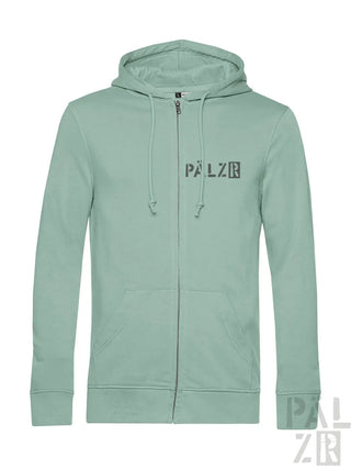 Minzgrüner Reißverschluss-Hoodie mit ’palzr’-Logo auf der Vorderseite.