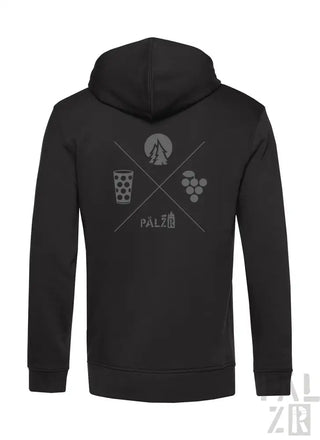 Schwarze Kapuzenjacke mit Reißverschluss und Grafikdesign mit Bierglas-, Trauben- und Zelt-Logos.