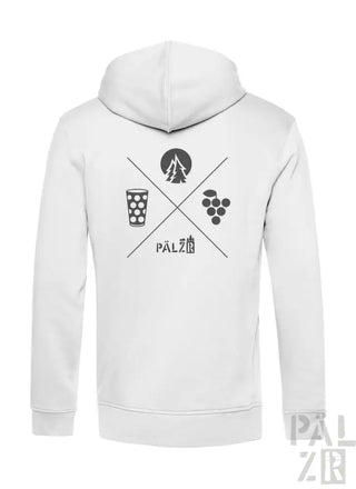 Weißes Hoodie mit schwarzem Grafikdesign, das einen Baum, ein Glas Bier und Trauben zeigt.