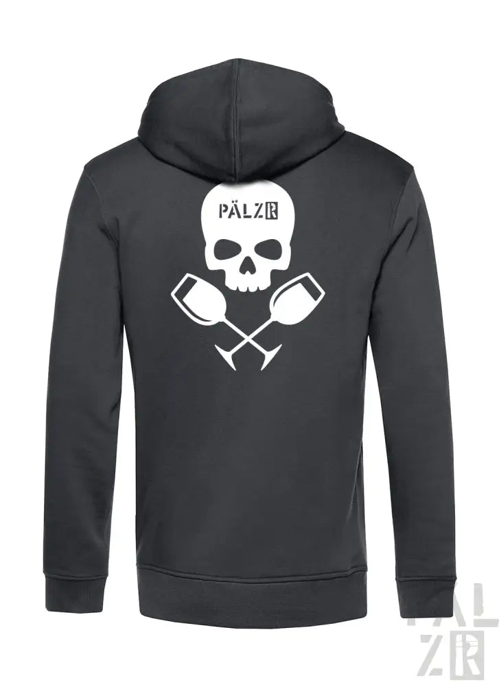 Dunkelgraue Kapuzenjacke mit Totenkopf- und Weinglas-Design, ’pälzb’-Text in Weiß.