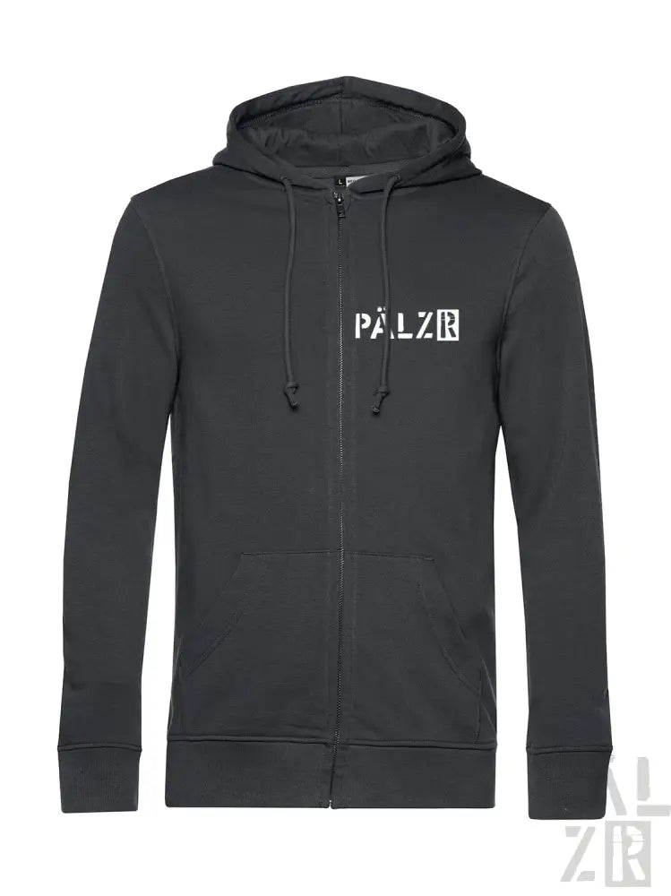 Schwarze Kapuzenjacke mit Reißverschluss und ’palzr’-Logo auf der Brust, aus einer Baumwolle- und Polyester-Mischung.