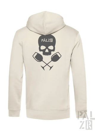Cremeweiße Hoodie mit Totenkopf- und gekreuzten Becher-Design, mit der Marke „pälz“ in schwarzem Text.