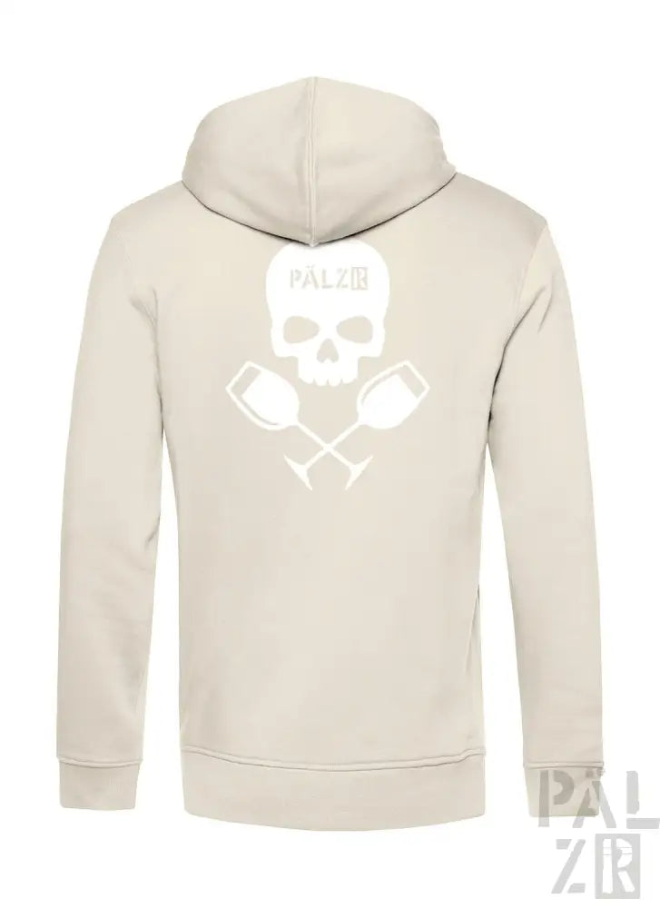 Beige Kapuzenpullover mit Totenkopf- und Hammer-Design, reflektierendes Material.