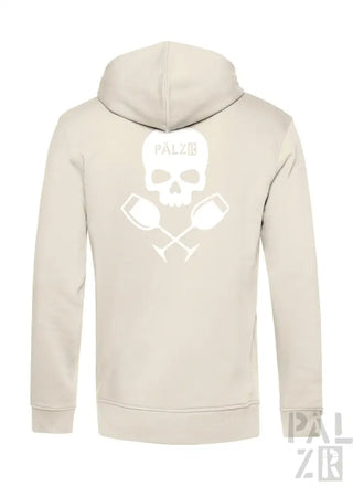 Beige Kapuzenpullover mit Totenkopf- und Hammer-Design, reflektierendes Material.