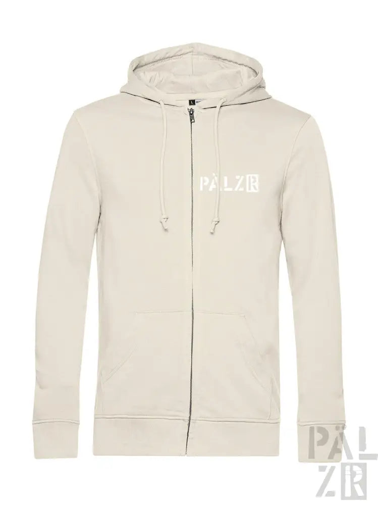 Cremefarbene Kapuzenjacke mit Reißverschluss und ’palzir’-Logo auf der Vorderseite.