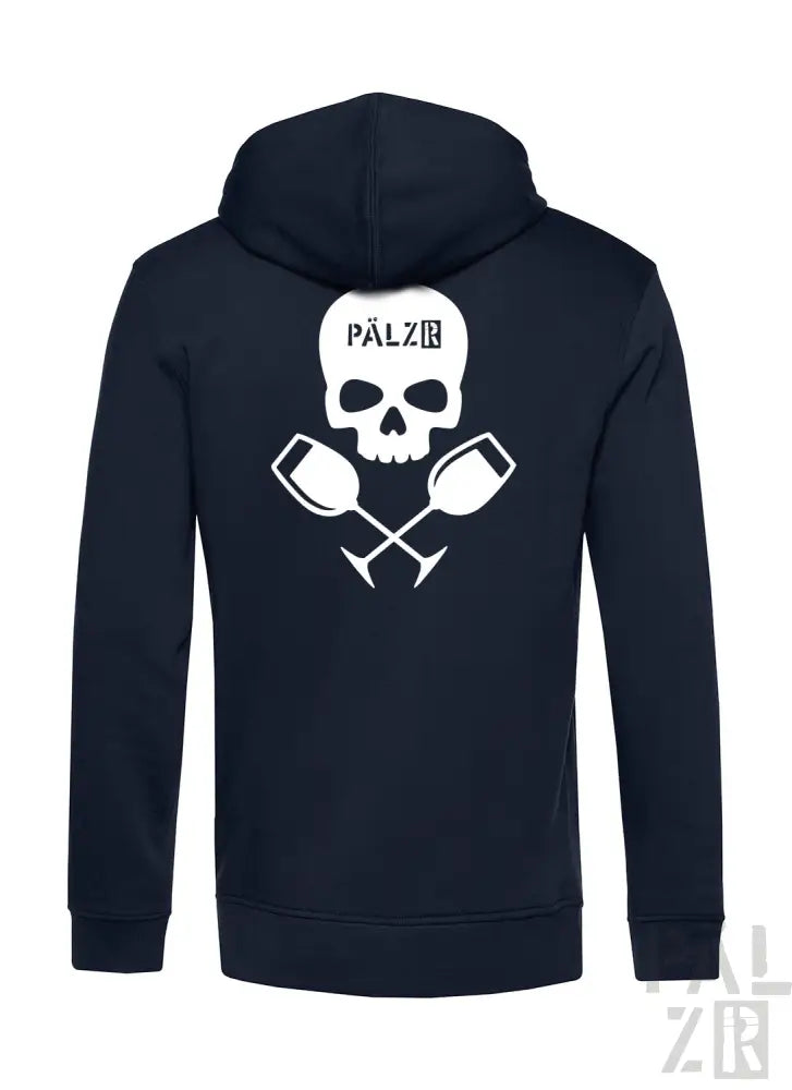 Marineblaue Kapuzenjacke mit Totenkopf- und gekreuzten Weingläser-Design, ’pälz’ Text.