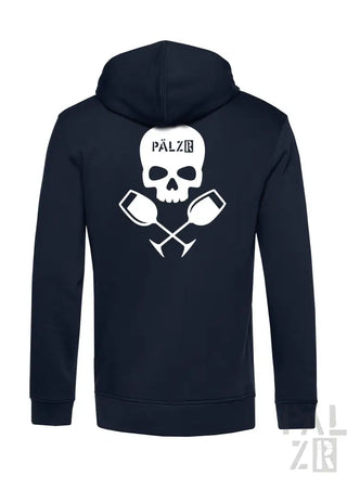 Marineblaue Kapuzenjacke mit Totenkopf- und gekreuzten Weingläser-Design, ’pälz’ Text.