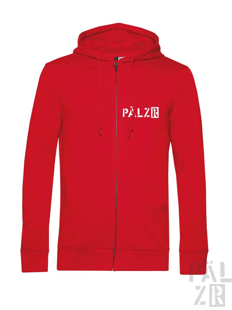 Roter Reißverschluss-Hoodie mit ‚palzr‘-Logo auf Vorder- und Rückseite, aus Baumwolle gefertigt.
