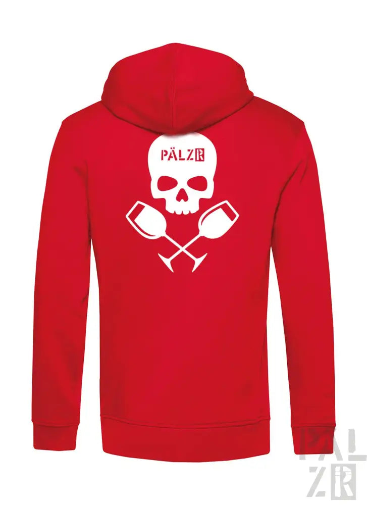 Rote Kapuzenjacke mit Totenkopf- und gekreuzten Krügen-Design, weißer Text ’pälz’ auf der Brust.