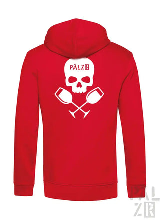 Rote Kapuzenjacke mit Totenkopf- und gekreuzten Krügen-Design, weißer Text ’pälz’ auf der Brust.