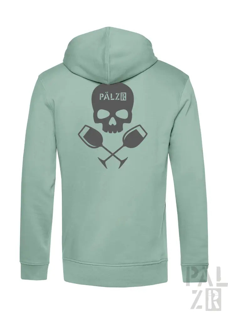 Minzgrüner Hoodie mit Totenkopf- und Weinglas-Design, ’pälzig’ Logo.
