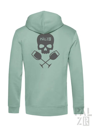 Minzgrüner Hoodie mit Totenkopf- und Weinglas-Design, ’pälzig’ Logo.
