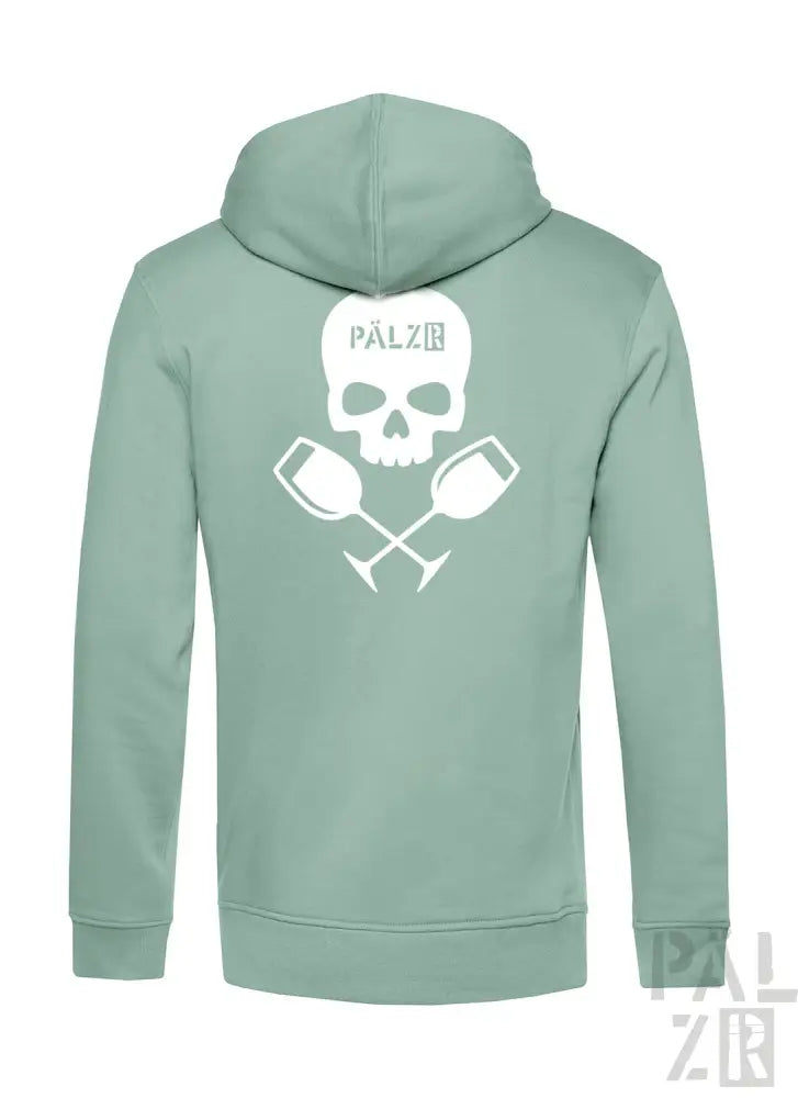 Minzgrüner Hoodie mit Totenkopf- und gekreuzten Tassen-Design, Polyester-Material.