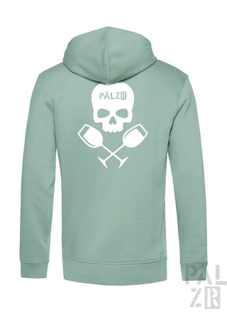 Minzgrüner Hoodie mit Totenkopf- und gekreuzten Tassen-Design, Polyester-Material.