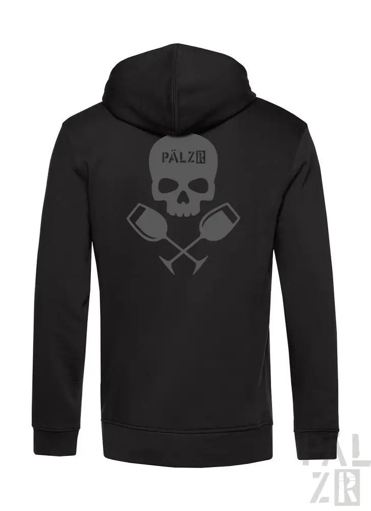 Schwarze Kapuzenjacke mit Totenkopf- und Weinglas-Design, Polyester-Material.