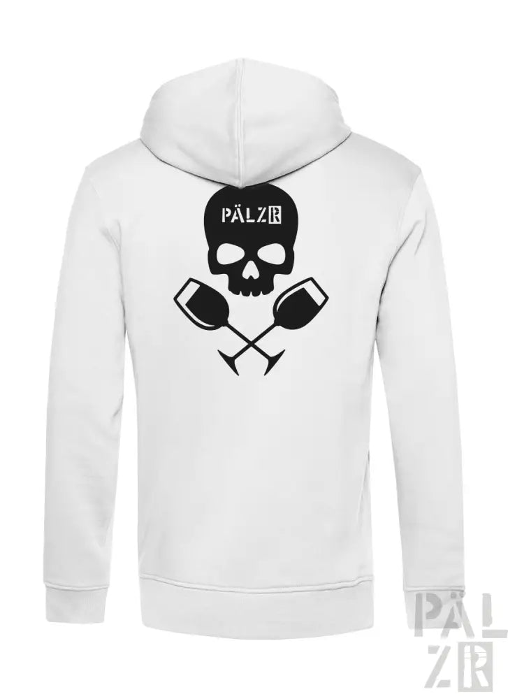 Weißer Hoodie mit schwarzem Totenkopf- und Weinglas-Design.