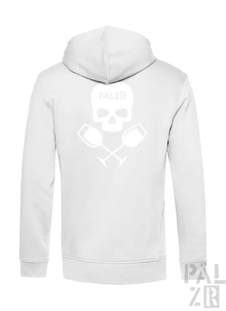 Weißes Hoodie mit Totenkopf- und gekreuzten Schlägel-Design, aus Baumwolle.