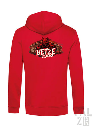 Roter Kapuzenpulli mit Reißverschluss und einem Grafikmotiv eines roten Teufels mit dem Text »betze 1900« auf dem Rücken.