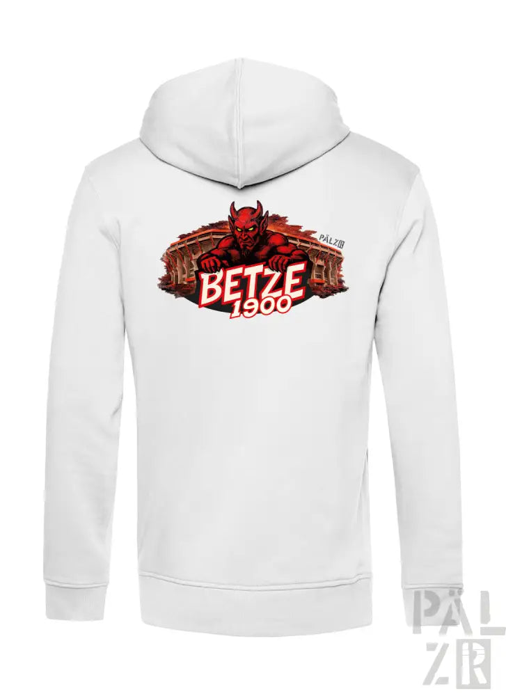 Weiße Kapuzenjacke mit Reißverschluss, die ein kühnes rotes Teufel-Grafik mit dem Text „betze 1900“ und einem antiken Ruinen-Hintergrund zeigt.