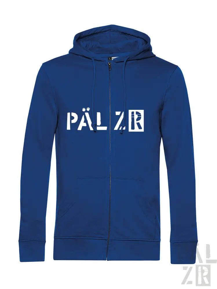 Königsblaue Kapuzenjacke mit Reißverschluss und ’pälzr’-Logo in Weiß.