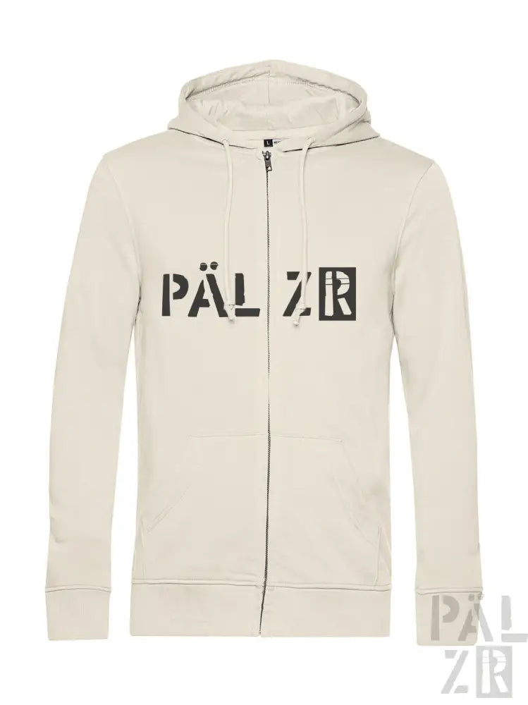 Cremeweißer Kapuzenpulli mit Reißverschluss und „päl zr“-Logo auf der Vorderseite.