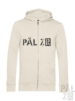 Cremeweißer Kapuzenpulli mit Reißverschluss und „päl zr“-Logo auf der Vorderseite.