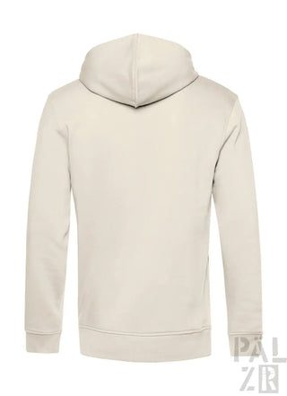 Cremeweiße Kapuzenjacke mit Kordelkapuze und gerippten Bündchen, wahrscheinlich aus einer Baumwolle- oder Polyestermischung.