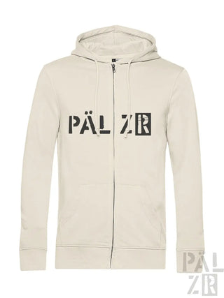 Cremeweißer Kapuzenpulli mit Reißverschluss und „päl zr“-Logo auf der Vorderseite.