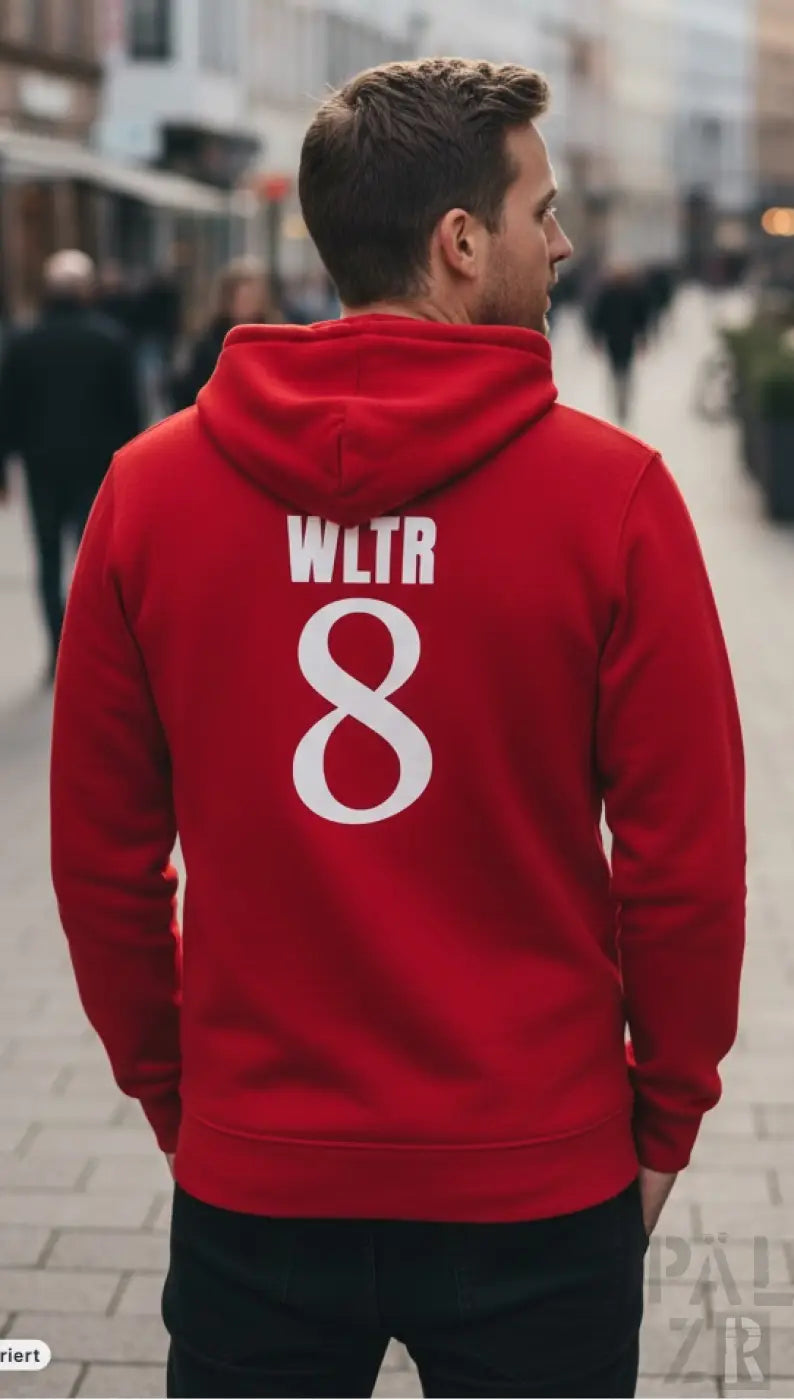 Roter männer zipper hoodie mit weißem wltr 8 print auf der rückseite in verschiedenen farben