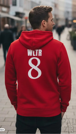 Roter männer zipper hoodie mit weißem wltr 8 print auf der rückseite in verschiedenen farben