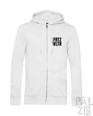 Weißer zipper hoodie mit schwarzem fritz und wltr text auf der brust für männer verschiedene farben